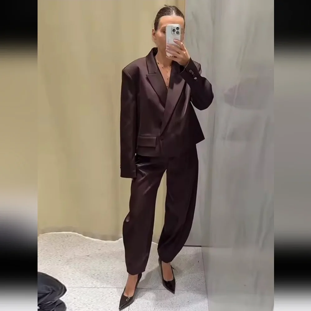 Zara Satin Double Breasted Cropped Blazer Jacket Brown Size XL